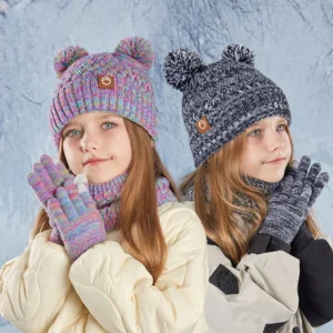New Children Hats Scarf Gloves Set Cute Bear Colorful Knitted Hat Plus Velvet Warm Hoods Caps for Girls Baby Outdoor Accessories