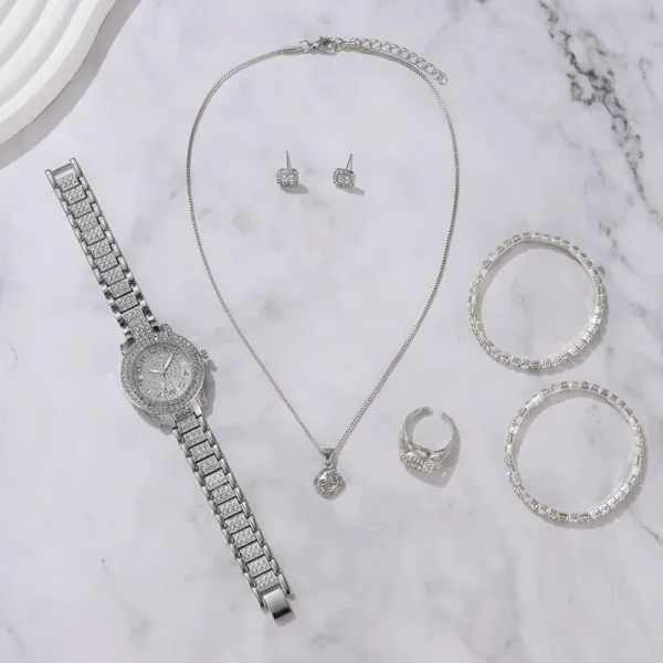6PCS Women Watch Luxury Elegant Alloy Watch Crystal Wristwatch For Ladies Gift Quartz Watch Alloy Rhinestone Bracelet Montre - Image 3