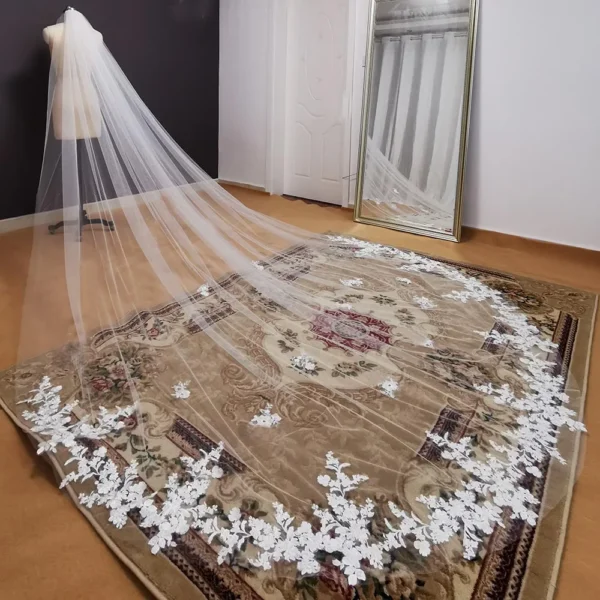 Customized Real Photos Long Lace Appliques Wedding Veil White Ivory Cathedral 1 Layer Bridal Veil 3.5 Meters Bride Veil - Image 2