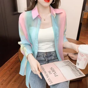 Irregular Gradient Rainbow Color Turn-down Neck Long Sleeved Shirt And Blouses See-through Thin Women Loose Top Shirt Casual New