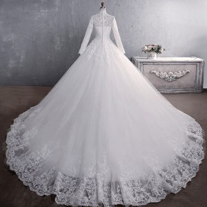 Lace Wedding Dress Bridal Stand-up Collar Long-sleeved Large Tail Large Size