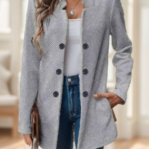 Elegant Plus Size Women'S Casual Knit Polyester Jacket With Double Button Detail And Decorative Pockets