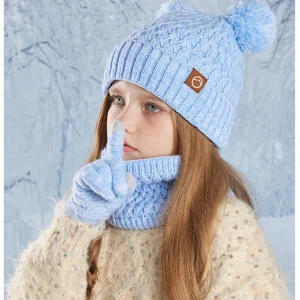New Children Hats Scarf Gloves Set Cute Bear Colorful Knitted Hat Plus Velvet Warm Hoods Caps for Girls Baby Outdoor Accessories