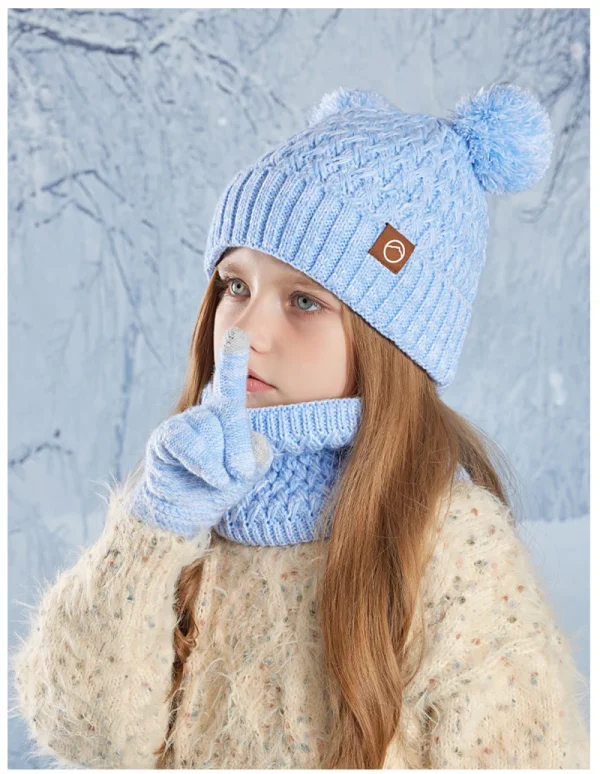 New Children Hats Scarf Gloves Set Cute Bear Colorful Knitted Hat Plus Velvet Warm Hoods Caps for Girls Baby Outdoor Accessories