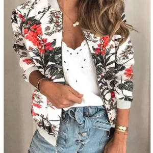 Women Elegant Zipper Bomber Jacket Spring Autumn Floral Printed Jackets Office Wear Slim Office Coat Retro Outwear