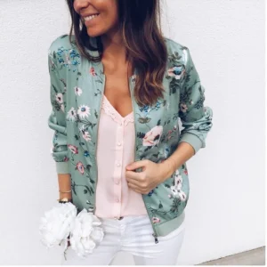 Women Elegant Zipper Bomber Jacket Spring Autumn Floral Printed Jackets Office Wear Slim Office Coat Retro Outwear