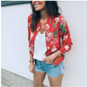 Women Elegant Zipper Bomber Jacket Spring Autumn Floral Printed Jackets Office Wear Slim Office Coat Retro Outwear