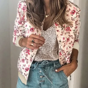 Women Elegant Zipper Bomber Jacket Spring Autumn Floral Printed Jackets Office Wear Slim Office Coat Retro Outwear