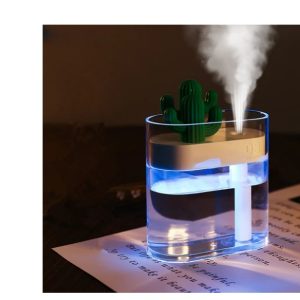 Mini Desk Humidifier with Cactus Landscape Decoration, Colorful Light, Cool Mist, USB Powered. Perfect for Bedroom, Office & Car