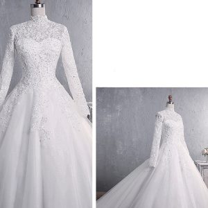 Lace Wedding Dress Bridal Stand-up Collar Long-sleeved Large Tail Large Size