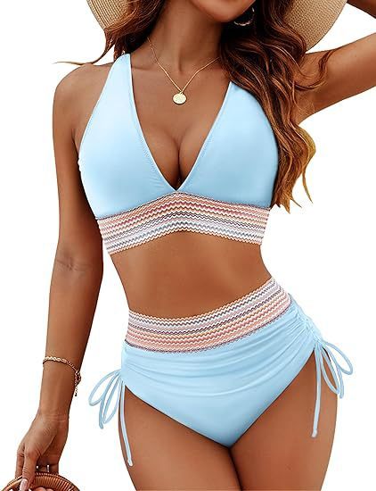 Women's 2 piece adjustable straps Bikini Swimsuits V Neck High Waisted Bathing Suits