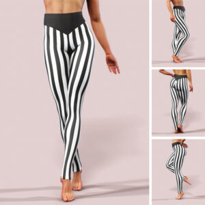 Women Striped Print Breathable Slim Fit Leggings Pants High Waisted