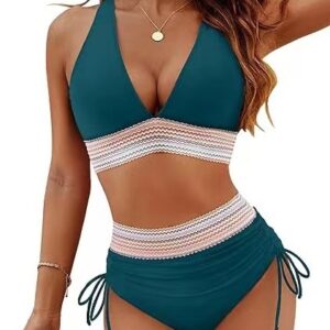 Women's 2 piece adjustable straps Bikini Swimsuits V Neck High Waisted Bathing Suits