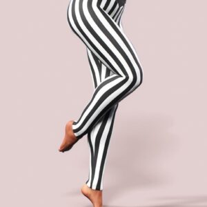 Women Striped Print Breathable Slim Fit Leggings Pants High Waisted