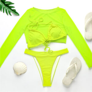 3 Piece High Waist Neon Green Bikini Swimsuit Women Sexy Long Sleeve Swimwear
