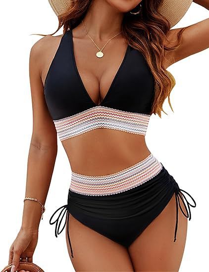 Women's 2 piece adjustable straps Bikini Swimsuits V Neck High Waisted Bathing Suits