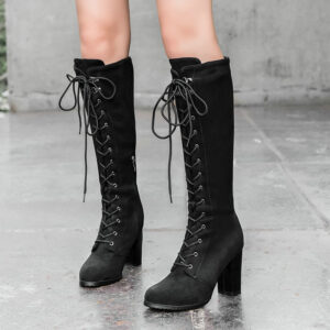 Womens Front Lace High Heel Knee High Boots Suede Buckle Rock Lace Up Zipped Thigh