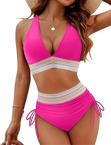 Women's 2 piece adjustable straps Bikini Swimsuits V Neck High Waisted Bathing Suits