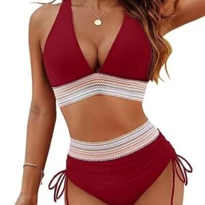 Women's 2 piece adjustable straps Bikini Swimsuits V Neck High Waisted Bathing Suits
