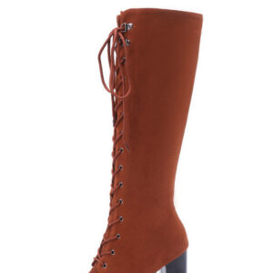 Womens Front Lace High Heel Knee High Boots Suede Buckle Rock Lace Up Zipped Thigh