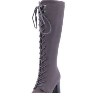 Womens Front Lace High Heel Knee High Boots Suede Buckle Rock Lace Up Zipped Thigh