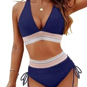 Women's 2 piece adjustable straps Bikini Swimsuits V Neck High Waisted Bathing Suits