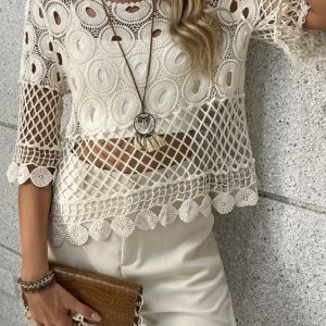 Resort-Style Sun-Protective Crochet Hollow-Out Crew-Neck Half-Sleeve Top