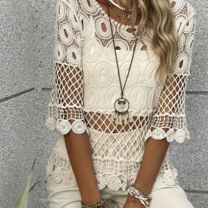 Resort-Style Sun-Protective Crochet Hollow-Out Crew-Neck Half-Sleeve Top