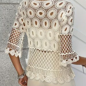 Resort-Style Sun-Protective Crochet Hollow-Out Crew-Neck Half-Sleeve Top