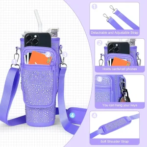 Bling Water Bottle Carrier Bag for Stanley 40oz Tumbler with Adjustable Strap