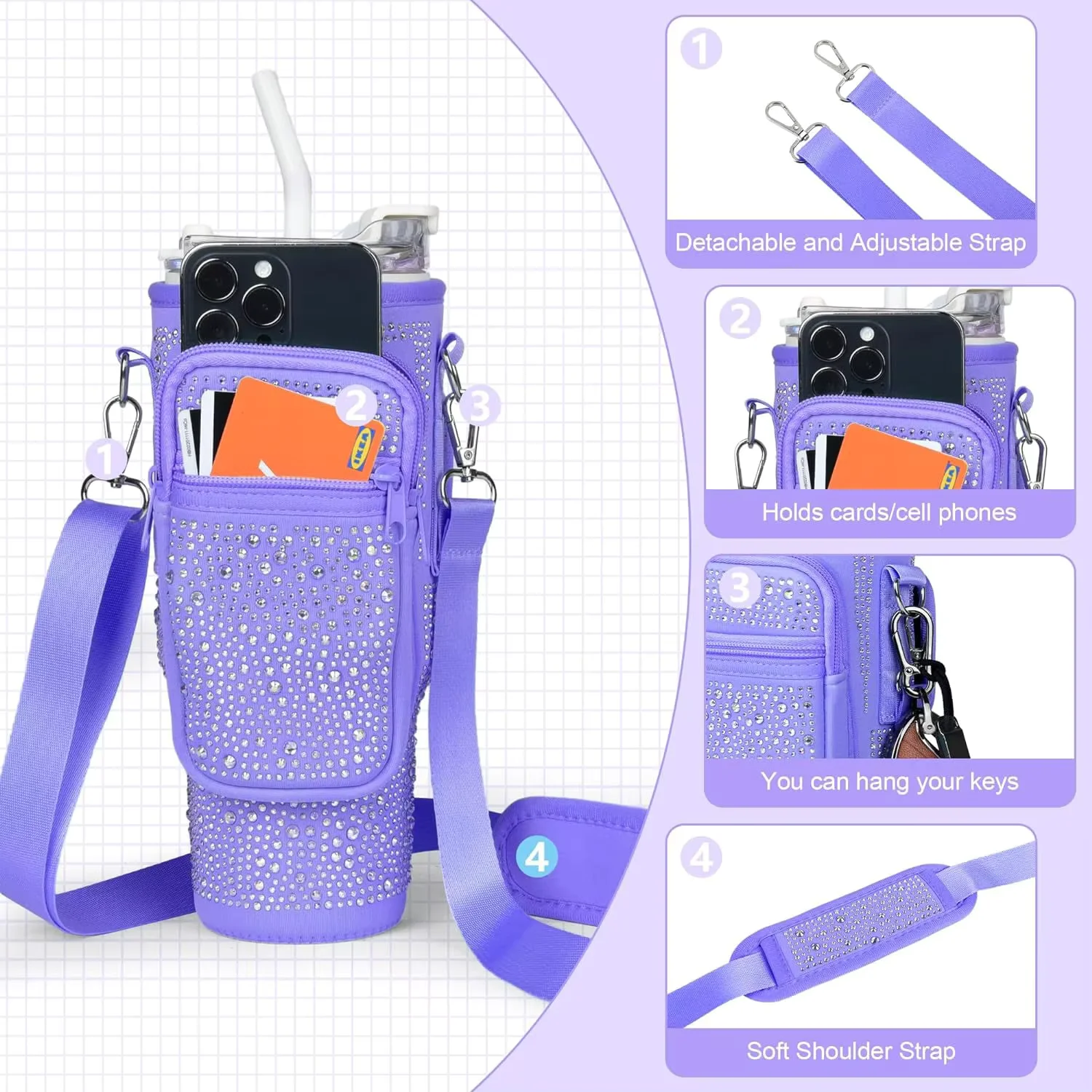 Bling Water Bottle Carrier Bag for Stanley 40oz Tumbler with Adjustable Strap