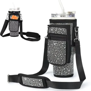Bling Water Bottle Carrier Bag for Stanley 40oz Tumbler with Adjustable Strap