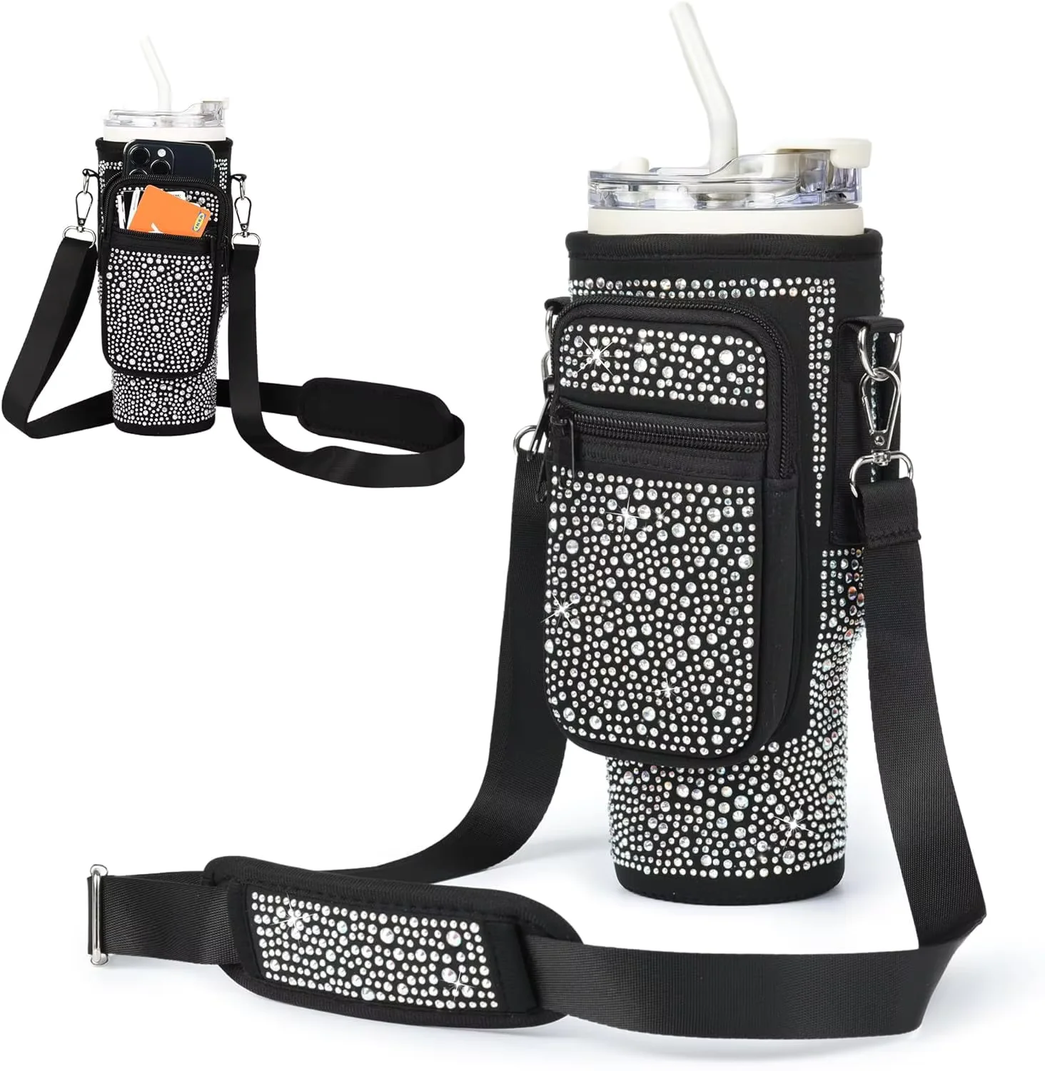 Bling Water Bottle Carrier Bag for Stanley 40oz Tumbler with Adjustable Strap