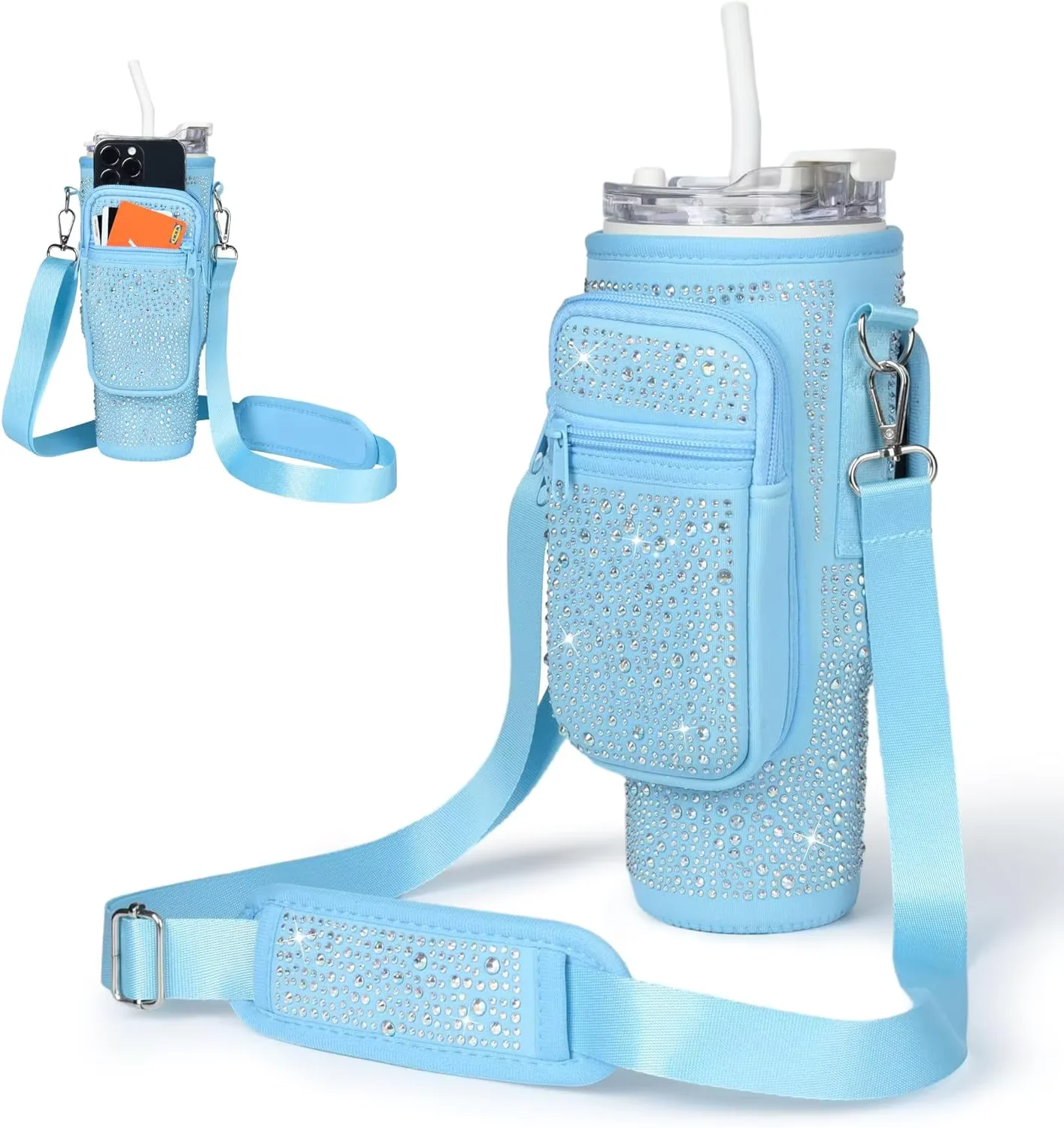Bling Water Bottle Carrier Bag for Stanley 40oz Tumbler with Adjustable Strap