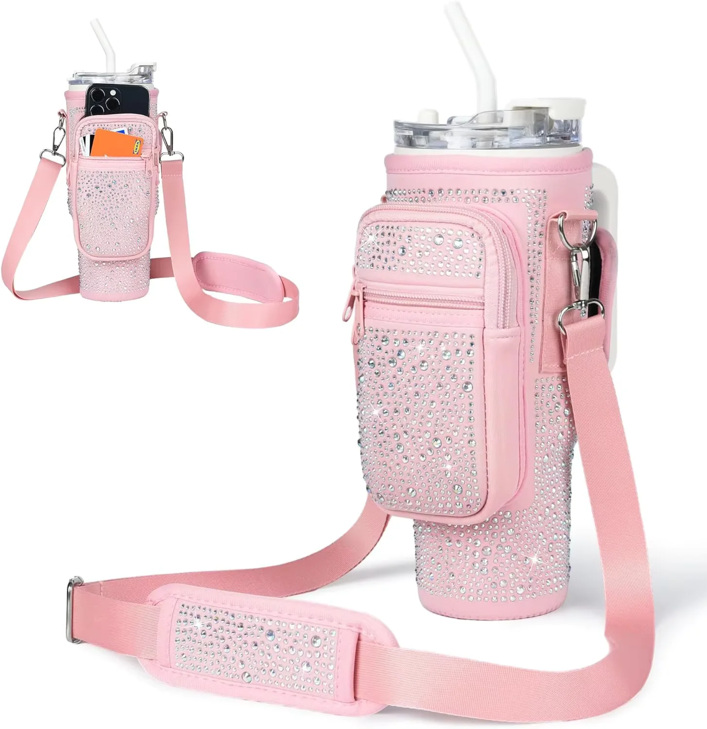 Bling Water Bottle Carrier Bag for Stanley 40oz Tumbler with Adjustable Strap