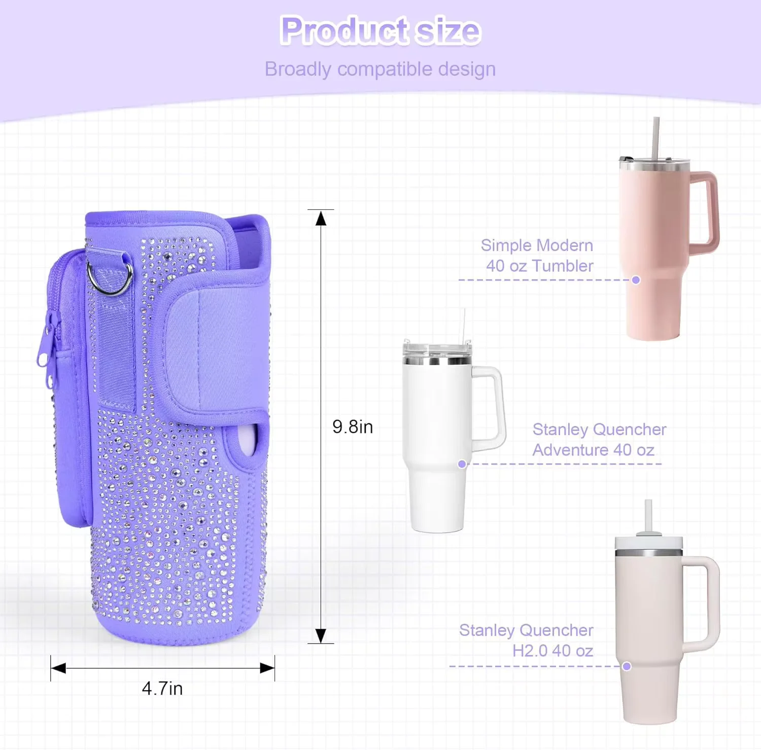 Bling Water Bottle Carrier Bag for Stanley 40oz Tumbler with Adjustable Strap