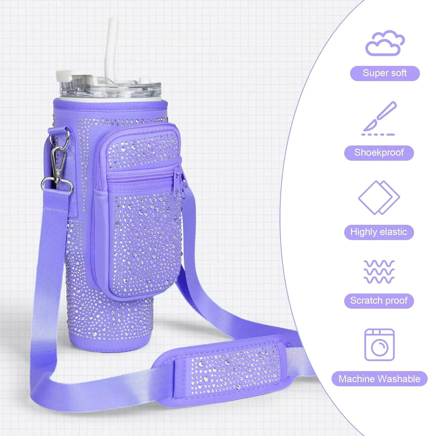 Bling Water Bottle Carrier Bag for Stanley 40oz Tumbler with Adjustable Strap