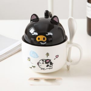 Cartoon Office Ceramic Mug With Lid Spoon