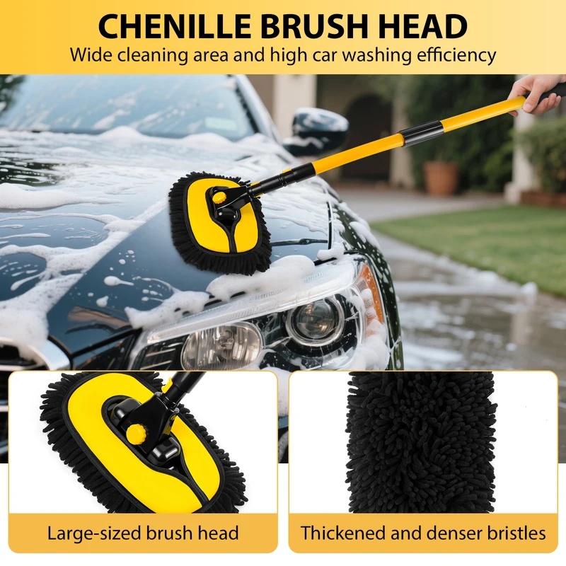 Car Wash Brush 15 Degree Adjustable Long Handle with 2 Microfiber Heads, 55-Inch Telescopic Cleaning Tool Soft Scrubber for Truck, SUV, Motorcycle
