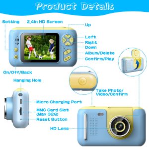 1Pc Kids Digital Camera With Flip Lens Children Video Camcorder Christmas Toy Birthday Gifts With Tripod 2.4in Screen 32G MMC Card For 3-10 Year Old Boys Girls