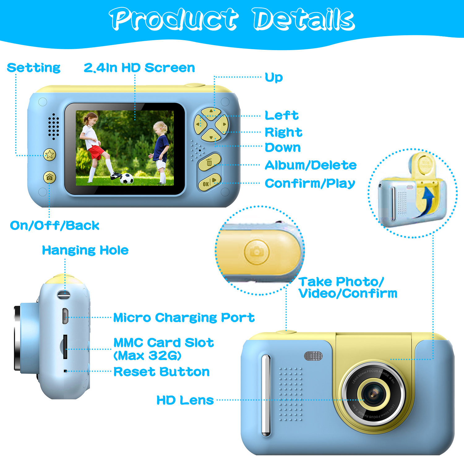 1Pc Kids Digital Camera With Flip Lens Children Video Camcorder Christmas Toy Birthday Gifts With Tripod 2.4in Screen 32G MMC Card For 3-10 Year Old Boys Girls