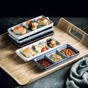 Japanese Three Grid Seasoning Dish With Dipping Material Ceramic Dish