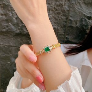 Italian Vintage Hand-woven Gold Emerald Bracelet Luxury Full Diamond Adjustable