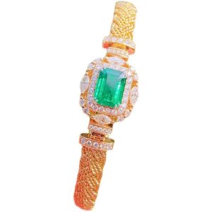 Italian Vintage Hand-woven Gold Emerald Bracelet Luxury Full Diamond Adjustable