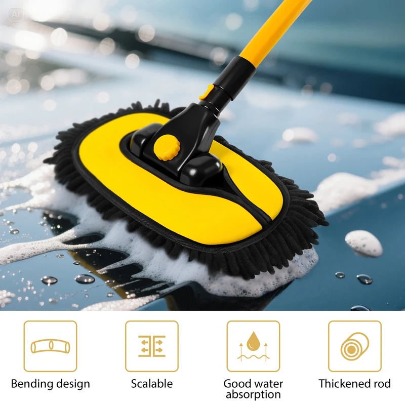 Car Wash Brush 15 Degree Adjustable Long Handle with 2 Microfiber Heads, 55-Inch Telescopic Cleaning Tool Soft Scrubber for Truck, SUV, Motorcycle